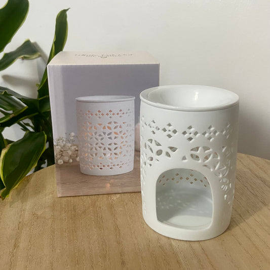 Intricate matte white cut-out Wax Burner